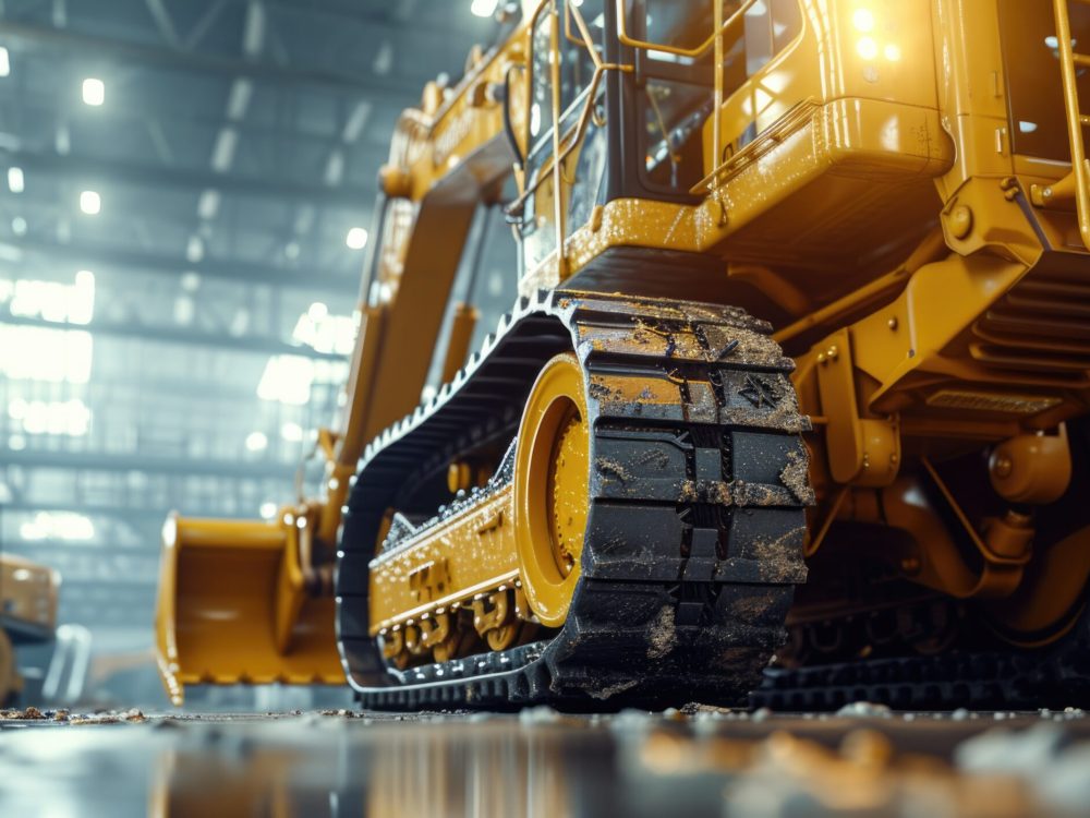 a yellow excavator sitting on its wheels in a factory, in the style of photorealistic detail, macro zoom, framing, backlight, high detailed, precision in details, multi-layered --ar 128:71 --v 6 Job ID: 8441f8c6-758b-408a-94da-320af39e9c51